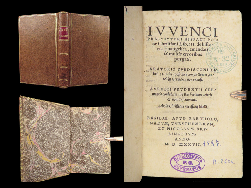 1537 post-incunable juvencus roman early church bible paraphrase juvenk hispania | juvencus was a 4<sup>th</sup>-century poet from hispania of whom very little is known, only through the histories of jerome. His poems primarily focused on the history of jesus, offering a sort of commentary on the gospels of the new testament. Juvencus’s biblical paraphrase resembles that of more iconic poets of the time, most notably that of virgil.   this early 16<sup>th</sup>-century printing of juvencus was published by westheimer and brylinger in basel. It also includes other writings from diaconus arator and prudentius, as well as commentary and annotation notes from 15<sup>th</sup>-century scholars johannes trithemius and crinitus.   item number: #28353 price: $950  