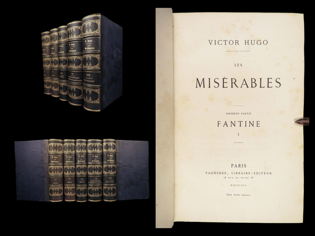 1862 early les misérables victor hugo french classic literature 10v pagnerre | <em>“even the darkest night will end, and the sun will rise. ” </em> <em>― </em>victor hugo<em>, les misérables</em>   the best-known and oft-considered greatest french writer is unarguably victor hugo. His romance novels and stories have withstood the test of language and time. His most famous work, ‘<em>les miserables</em>’, has been transformed into film, theatre, and opera.   this edition of ‘<em>les mis</em>’ is a mixed edition of 1862 printings – all printed the same year as the true first! See below for details regarding edition.   this particular example is notable for being bound in a superb, decorative leather with blue, textured cloth boards. <strong><u>a beautiful set! </u></strong>   item number: #27593 price: $1500