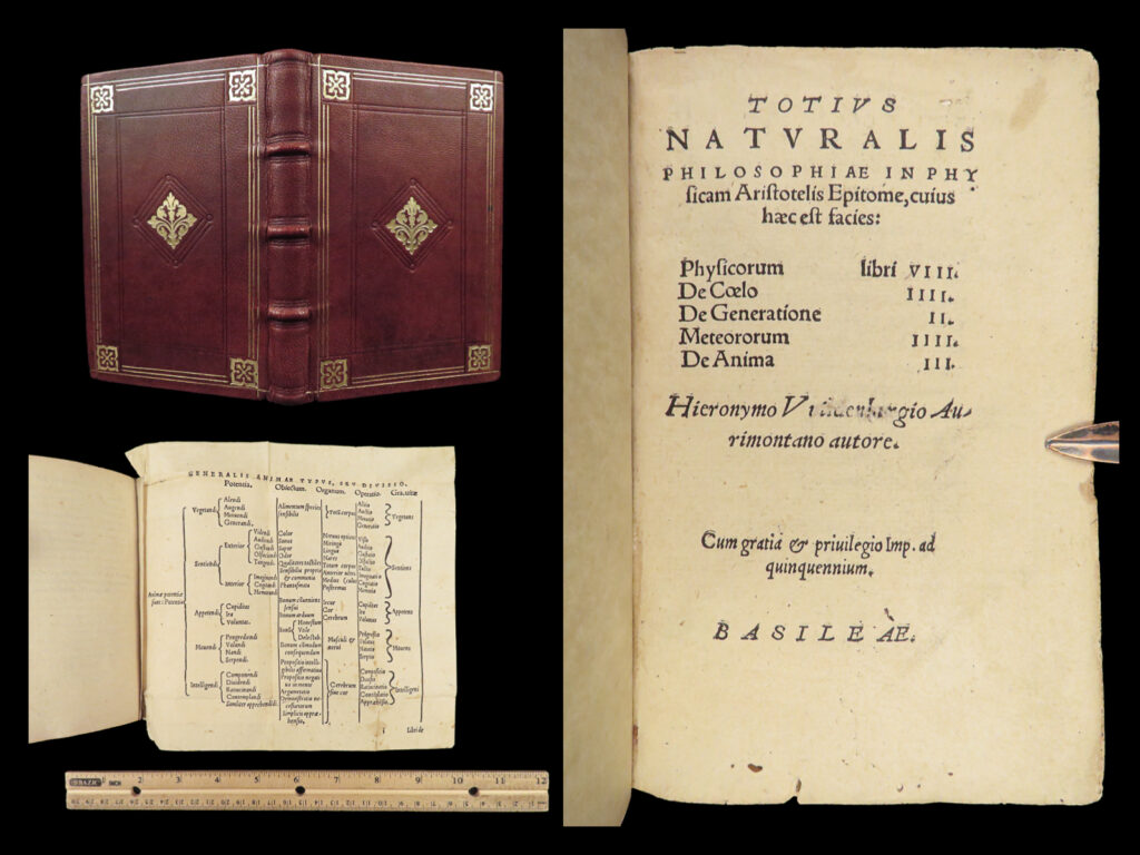 1544 aristotle naturalis philosophiae w/ wildenberg commentary | fine binding | aristotle was an ancient greek philosopher and scientist who is regularly considered the ‘father of western philosophy. ’ his extensive writings cover a variety of topics from physics and zoology to metaphysics and psychology. His work ‘<em>de natura’</em> was a collection of his ideas on natural philosophy and studies on physics, as well as discussions on animals, meteorology, and the heavens.   this 1544 basel edition of ‘<em>naturalis philosophiae’</em> includes commentary by hieronymus wildenberg and has five distinct sections on aristotle’s works: <ul> <li>on physics</li> <li>on the heavens</li> <li>on generation</li> <li>meteorology</li> <li>on animals</li> </ul>   this work is of value to meteorologists because of the inclusion of charts that illustrated some of the main categories of modern meteorology – rain and snow, hurricanes and tornadoes, shooting stars and meteors, and even the creation of stones from underground meteorological activity.   item number: #28366 price: $1500