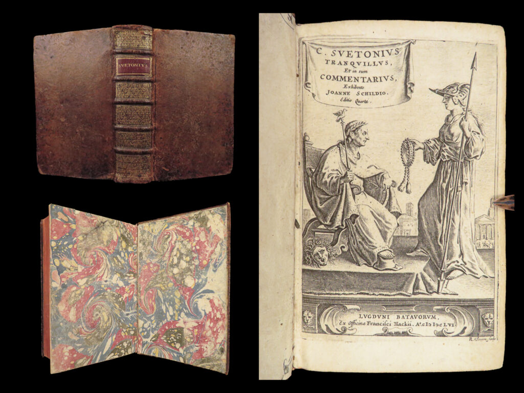 1656 suetonius twelve caesars julius caesar caligula nero rome portraits hackium | <em>“nothing is more unpredictable than the mob, nothing more obscure than public opinion, nothing more deceptive than the whole political system. ” </em> ― suetonius, ‘<em>the twelve caesars’</em>   suetonius was a 1<sup>st</sup>-century roman historian who is most remembered by his important set of biographies of twelve successive roman rulers from julius caesar to domitian. “<em>the lives of twelve caesars” </em>or<em> “de vita caesarum”</em> is still considered one of the primary sources on roman history and discusses important facets of the end of the roman republic.   “<em>twelve caesars</em>” covers the lives of julius caesar, augustus, tiberius, caligula, claudius, nero, galba, otho, vitellus, vespasian, titus, and domitian, and is the first work to offer insights to some of the lesser-known aspects of these important roman figures – such as julius caesar’s struggle with epilepsy. The extent of what is culturally known about caligula comes almost exclusively from suetonius – little else was written about the sadistic ruler. Suetonius says of caligula’s reign: “so much for the emperor; the rest of this history must deal with <strong><u>the monster</u></strong>. ”   this rare 1656 printing features the commentary of johann schild and uses the text of isaac casaubon. The illustrated, engraved title page is typical of hackium printings – this fine engraving, as well as the 12 portrait engravings, are from reinier van persyn.   item number: #28365 price: $750