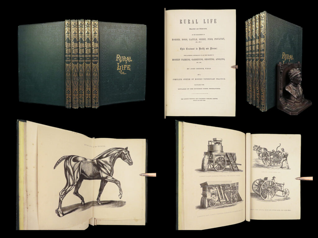 1868 rural life by sherer | agriculture hunting farming illustrated dogs & horses 5v | john sherer’s illustrated history books are some of the most desirable from the second half of the 19<sup>th</sup>-century. While countless other illustrated works exist from this era, very few, if any, are as thorough and in depth as sherer’s. Sherer’s “<em>rural life</em>” is an impressive work on outdoors life covering every aspect of life in the country including: <ul> <li>fishing and hunting <ul> <li>field and water sport</li> <li>partridge hunts</li> </ul> </li> <li>farming and agriculture <ul> <li>poultry care</li> <li>horticulture</li> </ul> </li> <li>dogs: varieties, breeding</li> <li>horses</li> <li>veterinary practices and care</li> </ul>   item number: #26686 price: $750