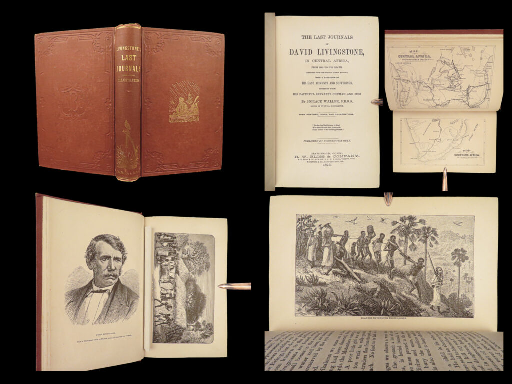 1875 david livingstone 1st last journals scottish african exploration africa | <em>“i will go anywhere, provided it be forward. ” </em> <em>― </em>david livingstone   david livingstone was a scottish medical missionary with the london missionary society and explorer in africa. In this book livingstone describes his travel and work as a missionary to the indigenous people in central and south africa. Through the mid-19<sup>th</sup>-century, south africa was completely unknown to europeans, so livingstone’s mission brought light to more than just spreading the gospel. The work deals with customs, languages, animal and plant biology, geology, topography, and mineralogy which he kept until his death.   this american edition of ‘<em>last journals’</em> is illustrated with full-page engravings and in-text illustrations.   item number: #28371 price: $499