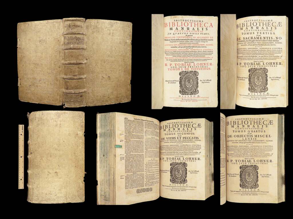 1681 tobias lohner jesuit instructional practices on vices virtues & sacraments |   tobias lohner was a 17<sup>th</sup>-century jesuit from austria who is best known for his series of books ‘<em>instructional practices’</em> in which he gives instructions various aspects of jesuit theology and doctrine. One of the best works in lohner’s instructional treatises was his comprehensive manual for preachers: “<em>instructissima bibliotheca manualis concionatoria</em>”. This book was intended to teach jesuit preachers how to preach sermons and live spiritually-sound lives.   published in 1681, lohner’s “<em>instructissima”</em> was divided into four distinct parts – on virtue, on vices, on the sacraments, and other miscellaneous topics for pastors. <em> </em> item number: #28312 price: $599