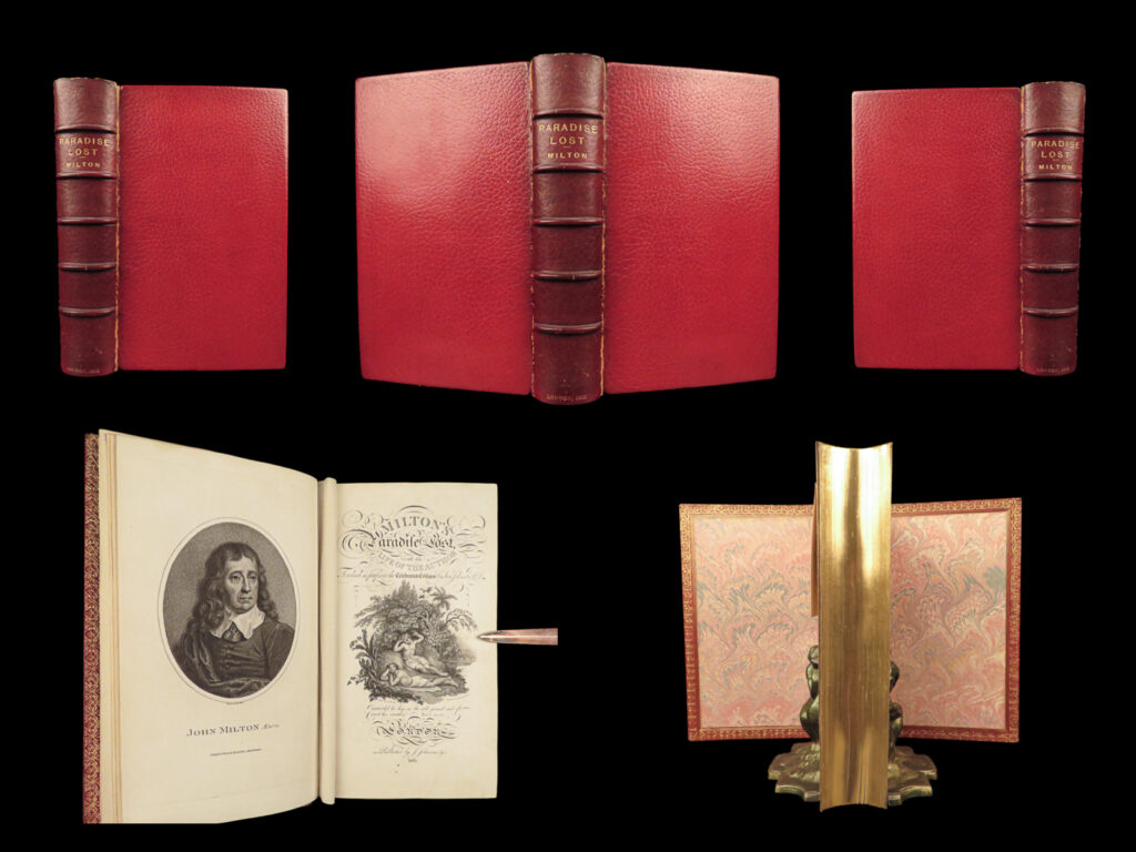 Collage showcasing multiple angles of paradise lost by john milton in luxurious red leather, detailed spine with gilt lettering, illustrated pages, and marbled endpapers.
