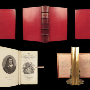 Collage showcasing multiple angles of Paradise Lost by John Milton in luxurious red leather, detailed spine with gilt lettering, illustrated pages, and marbled endpapers.