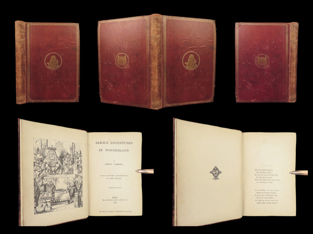 1869 alice in wonderland lewis carroll tenniel illustrated fantasy classic | <em>“if i had a world of my own, everything would be nonsense. Nothing would be what it is, because everything would be what it isn't. ” </em> <em>– </em>lewis carroll<em>, alice in wonderland</em>   lewis carroll’s landmark masterpiece, ‘<em>alice’s adventures in wonderland,</em>’ was first published in 1865. This fascinating fantasy tale of a young girl falling down a rabbit hole, is surely one of the most iconic pieces of literature for all time. It has been adapted into many different versions of film, most notably by disney in 1951.   a fine 1869 early edition of “<em>alice in wonderland</em>”, featuring forty-two of tenniel’s bizarre, cartoon illustrations including a charming cover board illustration. Tenniel’s illustrations are often considered the best of the ‘<em>alice’</em> illustrations.   any printing of ‘<em>alice’</em> published prior to 1870 is considered highly rare and collectible. Certainly, a valuable edition.   item number: #28108 price: $1500