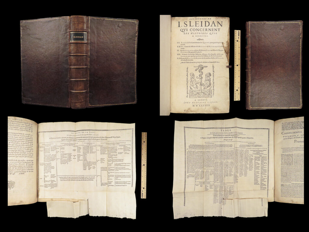 1574 sleidan four empires 1st greece persia key of history holy roman empire |   johannes sleidanus was a 16<sup>th</sup>-century historian who is best remembered for his commentary and analysis of the protestant reformation. He collected as all papers and manuscripts concerning the reformation to which he had access (particularly those of martin luther) and edited them as part of his ‘<em>commentary on state, religion, and republic’</em>. And while his contributions to the growth of popularity of the reformation was his greatest work, he also published a book on the history of the world.   ‘<em>the four empires’</em>, also known as ‘<em>the key of history’</em>, is a methodical history of four the most important kingdoms of the world – babylon, persia, greece, and rome. He describes important world events, beginning with flood of noah, through roman emperors, the reign of alexander the great, and much more.   this 1574 edition also offers a glimpse into the state of the holy roman empire under charles v.   item number: #28350 price: $1250