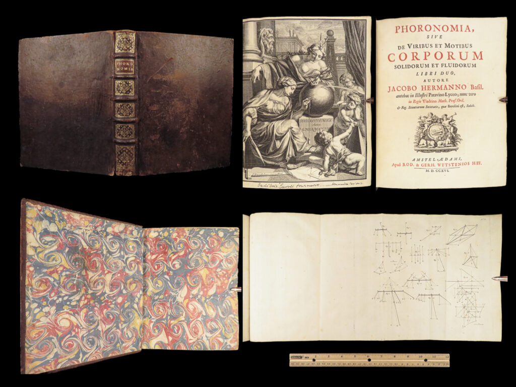 1716 phoronomia 1st by hermann | isaac newton law of motion illustrated physics |   jakob hermann’s “<em>phoronomia</em>” is a fascinating, 18<sup>th</sup>-century survey of early mechanics. First published in 1716, this work was a comprehensive study on the forces and motions of solids and fluids, laws of physics, as the first book to demonstrate that the laplace-runge-lenz vector remains a constant of motion. It also includes details on newton’s second law of motion!   this first edition includes 12 folding engravings featuring dozens of geometric figures.