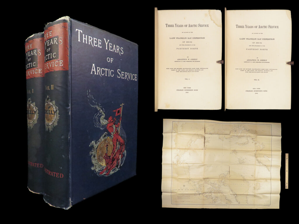 1886 1st ed greely explorations | arctic voyages lady franklin bay expedition map 2v | this ‘<em>three years of arctic service’</em> is a narrative by adolphus greely of the united states expedition lady franklin bay, on the east coast of ellesmere island. The expedition explored the north coast of greenland from cape bryant to cape washington, the interior and west coast of grinnell land and extended the mapping of hayes sound. After the failure of relief ships the party made their way to cape sabine, where six survivors were rescued after enduring frostbite, starvation, cannibalism, and an execution. <em> </em> this book includes accounts of the battle with the ice on the sea, the sledge journeys, the life of the men in the camp and on the march, and the geography of the territory explored. In addition to the fascinating contents, it features an impressive folding map!   item number: #28435 price: $499