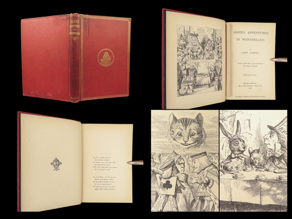 1872 alice in wonderland by lewis carroll | john tenniel illustrated art | <em>“if i had a world of my own, everything would be nonsense. Nothing would be what it is, because everything would be what it isn't. ” </em> <em>– </em>lewis carroll<em>, alice in wonderland</em>   lewis carroll’s landmark masterpiece, ‘<em>alice’s adventures in wonderland,</em>’ was first published in 1865. This fascinating fantasy tale of a young girl falling down a rabbit hole, is surely one of the most iconic pieces of literature for all time. It has been adapted into many different versions of film, most notably by disney in 1951.   a fine 1872 early edition of “<em>alice in wonderland</em>”, featuring forty-two of tenniel’s bizarre, cartoon illustrations including a charming cover board illustration. Tenniel’s illustrations are often considered the best of the ‘<em>alice’</em> illustrations.   item number: #27997 price: $750