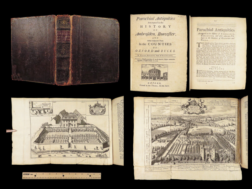 1695 history of oxford 1st ed ambrosden england norman conquest kennett | white kennett’s “<em>parochial antiquities</em>” is a rare, 17<sup>th</sup>-century history of ambrosden, oxfordshire. This book proved to be one of the best and most thorough works on ambrosden, covering burcester and other counties near oxford. It is worth noting that kennett opens this study with a description of ancient britains and danes, as well as an extensive accounts of romans and the roman invasion, roman highways and pottery, and so much more. Other noteworthy topics include <ul> <li>life of william the conqueror</li> <li>reigns of each king of england</li> <li>norman invasion</li> </ul>   the <strong><u>nine folding plates</u></strong> found in this 1695 first edition are of the utmost rarity.   item number: #27336 price: $750