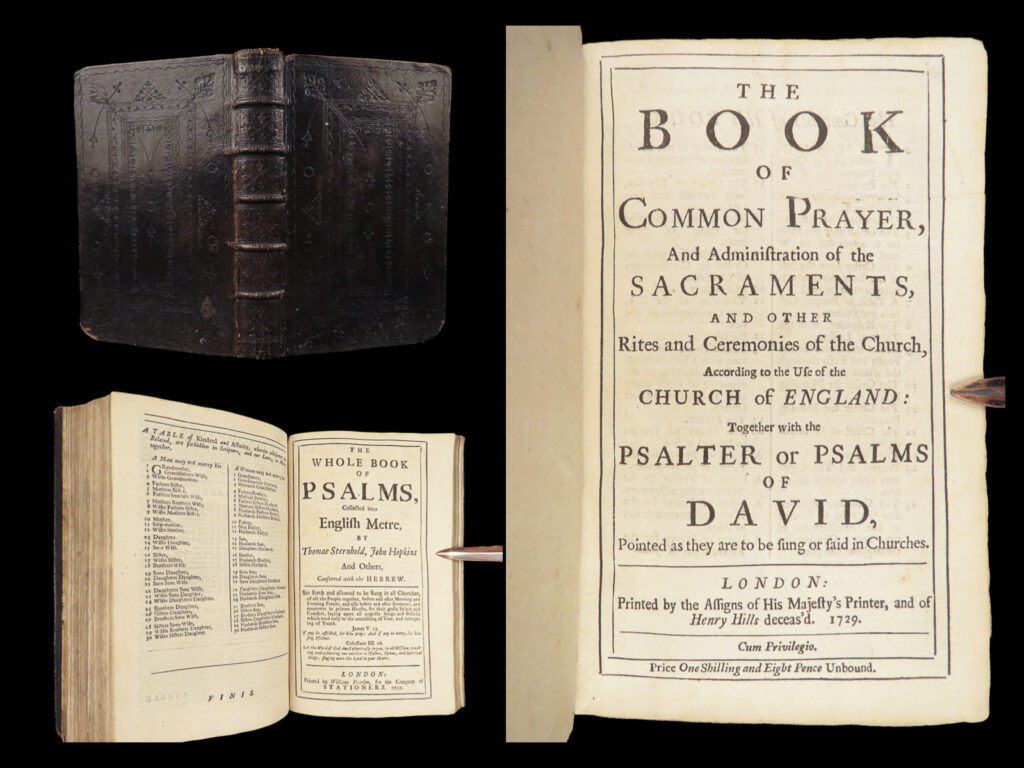1729 book of common prayer & sternhold psalms | anglican psalter by john baskett | <em> </em> a truly rare 18<sup>th</sup>-century book of common prayer from the church of england. Like many similar works, this book includes the psalms of david, calendars, orders of prayers, tables and rules for devotion, and litanies and prayers.   this edition was published by john baskett and includes printing of the psalms as well as a printing of sternhold and hopkins metered ‘<em>whole book of psalms’</em>.   item number: #28581 price: $499
