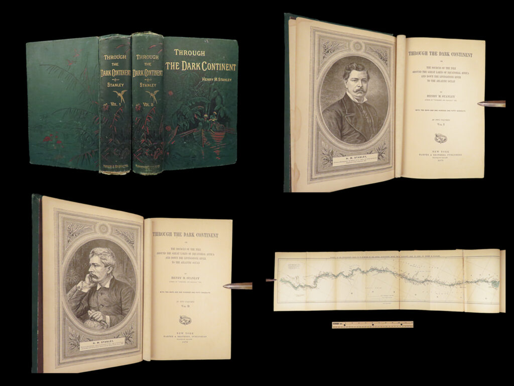 1878 through the dark continent by henry stanley | 1st ed africa livingstone |   known for his explorations in africa, henry stanley found the scottish missionary explorer david livingstone, whom most had assumed had been lost. His acquaintance with continuing expedition with livingstone led to the expedition for the relief of emin pasha, an ottoman physician. This voyage was notorious for causing the deaths of many of its members to disease and disaster. The events of this expedition were recorded in ‘<em>through the dark continent</em>’, a work that describes the sights and scenes of africa.   this first american edition of ‘<em>through the dark continent</em>’ retells stanley’s expedition including locating the source of the nile, circumnavigating lake victoria, meeting wealthy kings, and battling cannibals, before his final return home.   item number: #28061 price: $599