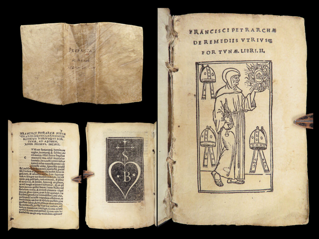 1536 de remediis by petrarch | philosophy humanism dialogues venice latin | <em>“books have led some to learning and others to madness. ” </em> ― francesco petrarch   petrarch was a 14<sup>th</sup>-century italian humanist known for his discovery of the letters of cicero and establishment of the study of humanism. He wrote sonnets and poems, many of which were the model of poetry during the dark ages. At the end of petrarch’s life, he completed a collection of wisdom and philosophical dialogues known as “<em>de remediis</em>”.   these dialogues were written to instruct readers on happiness, humility, and wealth. Other topics include petrarch’s views on augustinian moral theology in conjunction with opposing god’s love and self-love (lee, petrarch and augustine, p. 249).   this 1536 edition of petrarch’s “<em>de remediis</em>” was published in venice.   item number: #28488 price: $1250