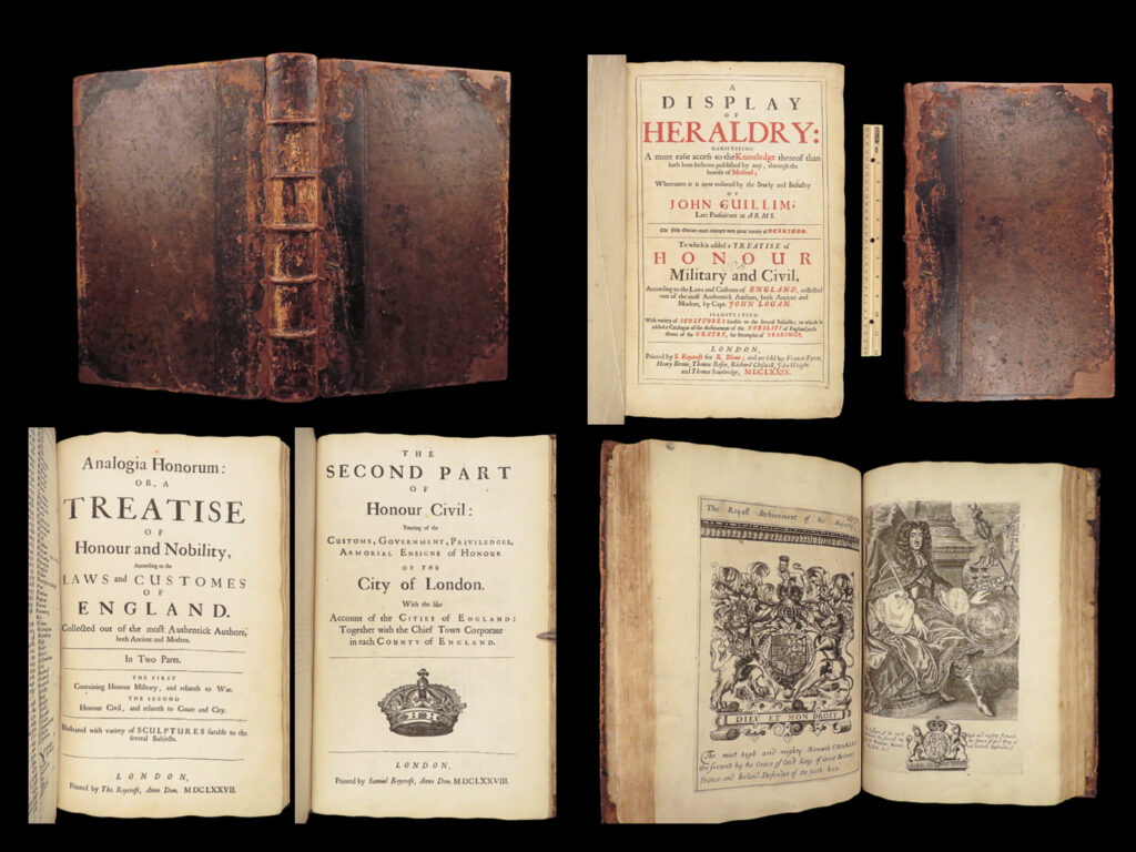 1679 display of heraldry guillim + 1677 1st ed logan analogia honorum engravings |   <strong><u>folio with hundreds of engraved english arms! </u></strong>   john guillim was a 16<sup>th</sup>-century english historian best remembered for his book ‘<em>a display of heraldry’</em>. First published in 1610, this book, which was originally thought to be written by john barkham, consisted of <strong>hundreds of in-text engraved figures</strong> depicting various coats-of-arms from around britain – arms of various earls, dukes, town and city crests, family symbols, and so much more. Interestingly, this work displays the arms of each with direction on color, shapes, and even precious stones to be used.   while all of the illustrations found in this folio are important, the arms depicting mythical creatures and monsters are particularly desirable. Note the inclusion of harpies, dragons, cockatrices, drakes, and mermaids.   this 1679 edition is bound with a <u>1677 first edition printing of john logan’s “<em>analogia honorum</em></u>” – a survey of nobility. Logan discusses the laws and customs of each tier of nobility – dukes, earls, barons, knights, and even noble women. This work, like guillim’s, is profusely illustrated.   item number: #28562 price: $1250