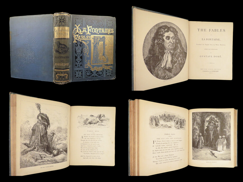 1880 fables of fontaine illustrated by gustave dore art | english folio ed |   a beautiful, and rather important late 19th-century printing of the fables of jean de la fontaine. While other english translations of these popular tales exist, few feature the artwork of the famous gustave dore. Dore works are some of the most desirable of all book illustration and those included in this work are some of his most desirable pieces, outside of this bible scenes.   this undated cassell edition was translated by walter thornbury and features impressive dore illustrations throughout.   item number: #28234 price: $499  