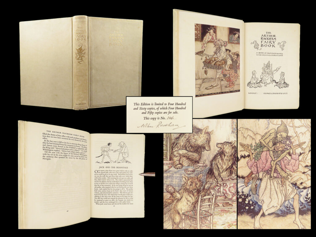 1933 fairy tales 1st edition | illustrated & signed by arthur rackham | a rare early 20<sup>th</sup>-century printing of fairy tales! This edition contains numerous famous tales including ‘<em>jack and the beanstalk’</em>, <em>“little red riding hood”, “sleeping beauty”, </em>and <em>“rip van winkle”</em>. While the stories themselves are desirable, the inclusion of arthur rackham art is perhaps the most exciting aspect of this book.   <strong>this particular issue was part of a signed, limited print run – numbered no. 101 of 450. </strong> <em> </em> item number: #28577 price: $1500