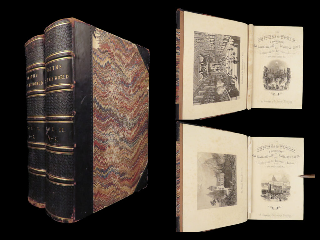 1858 faiths of the world by gardner | 1st ed religion buddhism islam hindu 2v | <em> </em> james gardner’s “<em>faiths of the world</em>” is a rare, mid-19<sup>th</sup>-century theological dictionary, written to define and describe religions from all over the world. Gardner seems to leave no faith unmentioned giving attention to swedish mysticism, japanese buddhism, judaica in the holy land and europe, islamic beliefs, hinduism and the god vishnu, catholic baptisms, and much, much more.   this two-volume set is an enormous trove of religious knowledge which includes numerous full-page engravings throughout.   item number: #26788 price: $499