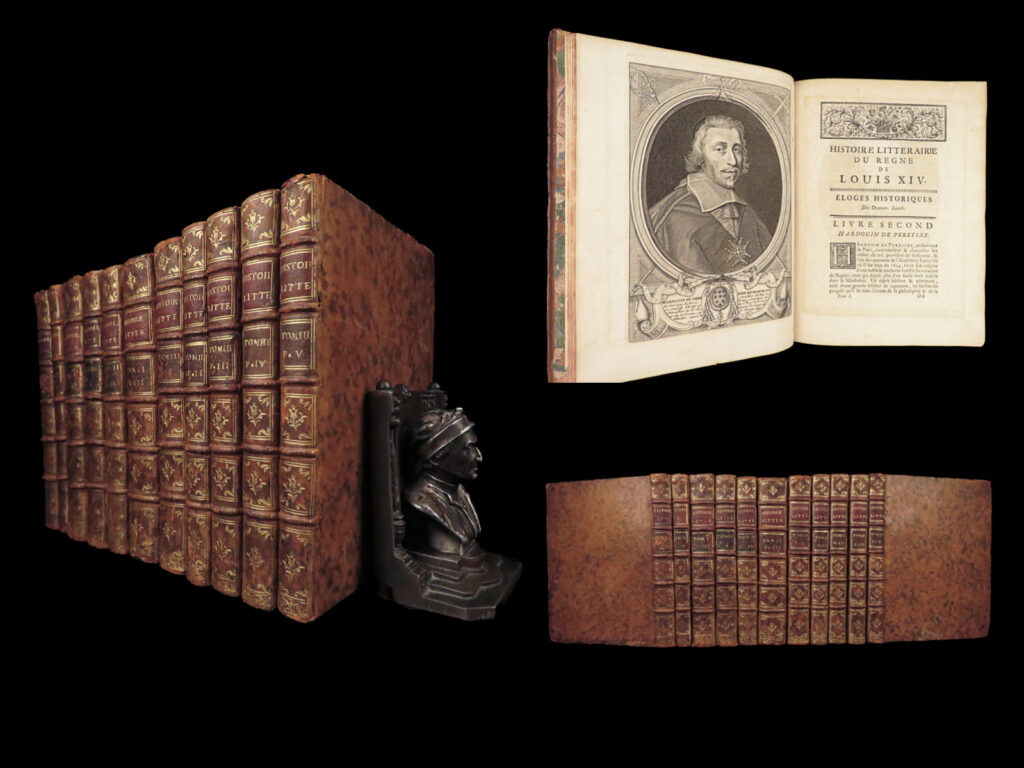 1751 sciences of louis xiv france 1st claude lambert histoire litteraire | 11v | claude francois lambert’s “<em>histoire litteraire</em>” is a comprehensive collection works which document the scholarly achievements during the reign of louis xiv of france. Lambert, an 18<sup>th</sup>-century writer, organized this collection into various disciplines, including: theology, oration, law, philosophy, physics and chemistry, anatomy, botany, literature, architecture, visual art, and philology.   each of these subjects includes writings and biographies of the most famous men of their discipline such as descartes, pascal, moliere, jean-jacques racine, bossuet and his sermons on mysticism, le brun, and many others.   this 11-volume set is curious. It is part of the original publisher’s proof with curious blank pages spread throughout the volumes. Nevertheless, this work is a highly desirable commentary on the most important works and minds from louis xiv-era france.   item number: #28542 price: $995