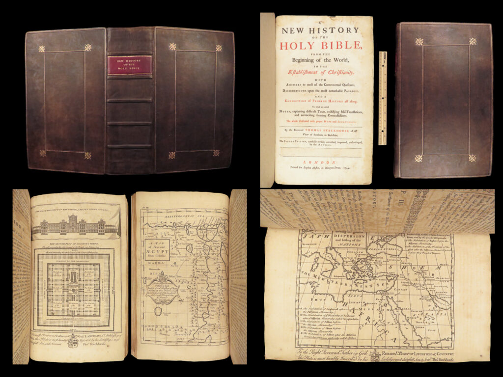 1744 holy bible & history illustrated thomas stackhouse maps huge | <strong><u>rare history of the bible! </u></strong>   thomas stackhouse was an 18<sup>th</sup>-century english theologian known primarily for his work ‘<em>history of the holy bible’</em>. This work was an important ecclesiastical history incorporating descriptions of the early church, biblical passages, difficult text commentary, and impressive illustrations throughout. This 1744 second edition is an enormous tome with <strong>impressive engravings, maps, and portraits. </strong>the illustrations of noah and the whale and the tower of babel are especially desirable!   item number: #26864 price: $950  