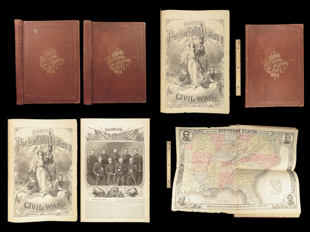 1894 huge harper’s pictorial history of civil war illustrated maps battle scenes | <em> </em> a fine contemporary account of the american civil war. This work is profusely illustrated with both in-text, full-page, and double-page woodcut engravings. It features war correspondence and was published shortly after the end of the civil war in two volumes. <strong> </strong> this first mcdonnell edition was published in 1894 and was based on the original edition complete with all expected illustrations. Illustrations include battles scenes, sea battles, portraits, maps, battle plans and schemes, weapons and firearms, and <strong>a large color map of the parts of the united states. </strong> <em> </em> item number: #25071 price: $950