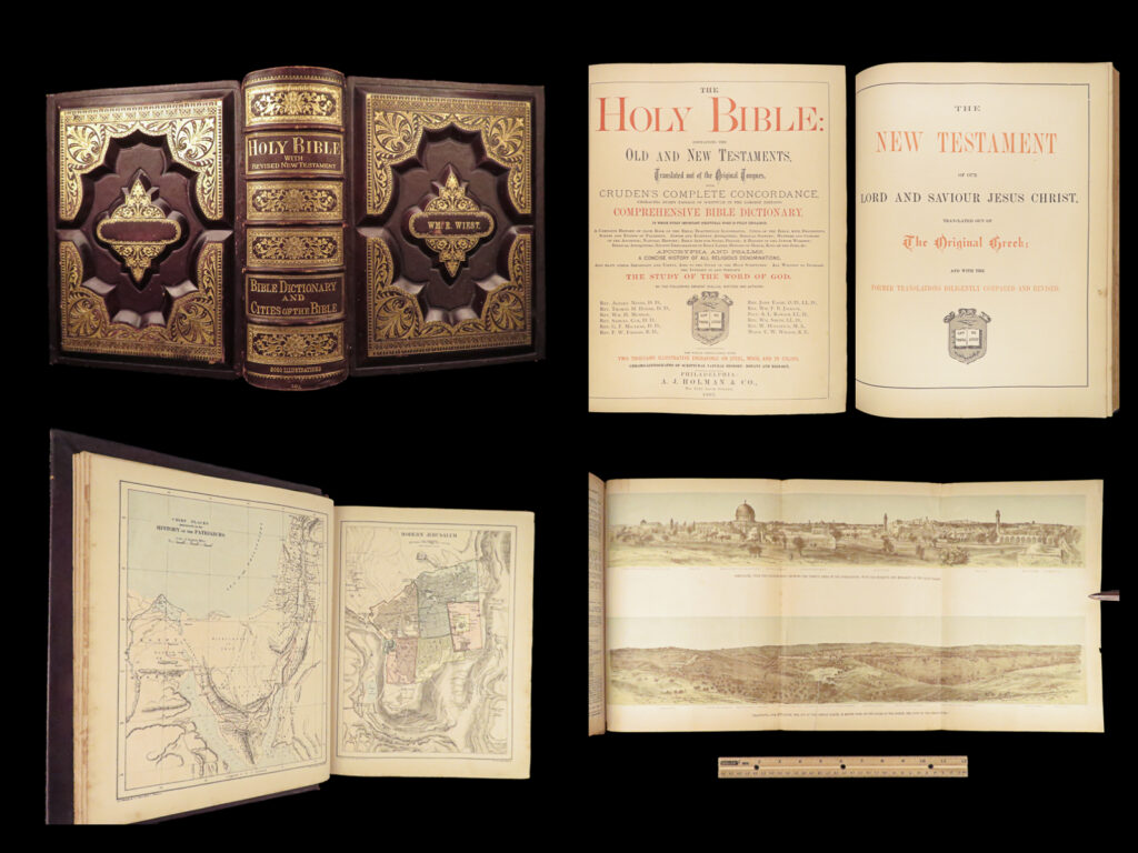 1883 exquisite holman holy bible | old & new testaments kjv | huge philadelphia | a rare, huge 19<sup>th</sup>-century american holy bible!   bibles printed in this style have maintained their popularity through the decades. This example, the ‘<em>holman bible’</em>, includes a decorative cover with gold embossing along with a comprehensive history and concordances of the old and new testaments. <strong>note the impressive illustrations throughout. </strong>   item number: #28346 price: $599