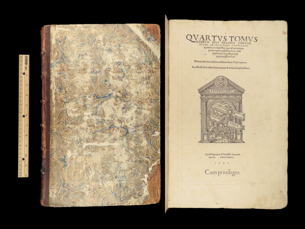 1543 homilies of saint john chrysostom bible commentary epistles of paul folio | <em> </em> <em>“happiness can only be achieved by looking inward & learning to enjoy whatever life has and this requires transforming greed into gratitude. ” </em> ― john chrysostom   a rare 16<sup>th</sup>-century printing of works of john chrysostom. Chrysostom was one of the most important early christian church authors and preachers and is most remembered for his sermons and homilies.   his homilies were by far his most famous works – hundreds written in total – and covered a wide variety of topics. This volume from the 1543 edition was published in lugduni by hugues and la porte. It includes chrysostom’s homilies, sermons, and commentary on new testament epistles of paul  including romans, corinthians, galatians, ephesians, philippians, colossians, thessalonians, timothy, titus, philemon, and hebrews.   item number: #28563 price: $950
