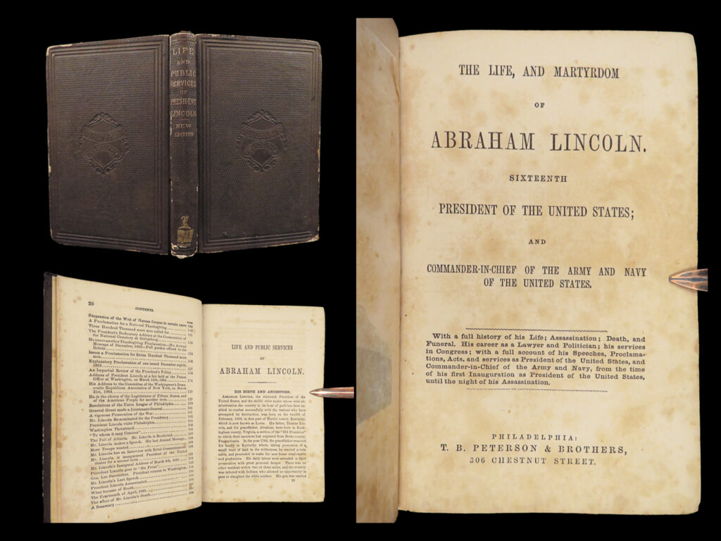 1865 abraham lincoln 1st life & assassination 16th us president by williamson |   “<em>nearly all men can stand adversity, but if you want to test a man's character, give him power</em>. ” ― abraham lincoln   shortly after abraham lincoln’s death, a number of biographical sketches or ‘life of lincoln’s’ were published. “<em>the life, and martyrdom of abraham lincoln</em>” is a survey of lincoln's life and events following his death, including various funeral orations. Probably hastily produced and published in the same year if not shortly after the funeral to meet the demand of the grieving public.   <em>note on dating</em>: the copyright page suggests the book was published in 1864; however, the contents include extensive descriptions of lincoln’s assassination in 1865.   item number: #28515 price: $499