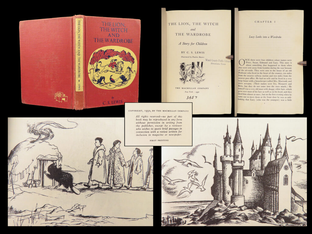 1950 true 1st us printing the lion the witch & the wardrobe by cs lewis | <em>“is he safe? "</em> <em>"safe? " said mr. Beaver. "who said anything about safe? 'course he isn't safe. But he's good. He's the king. ” </em> <em>― </em>c. S. Lewis<em>, the lion, the witch, and the wardrobe</em>   a rare <strong>first american printing</strong> of c. S. Lewis’s most iconic work – ‘<em>the lion, the witch, and the wardrobe</em>. ” it was the first book, and still the best-known, of the “<em>chronicles of narnia</em>” series, all of which were illustrated by pauline baynes.   item number: #28579 price: $950  
