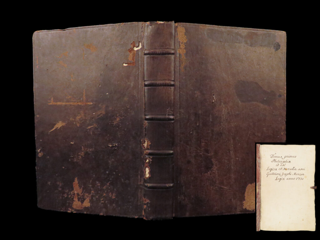 1730 handwritten latin manuscript on logic and moral philosophy by will. Marzin | <strong> </strong> a rare, 18<sup>th</sup>-century handwritten manuscript by author guillelmi josephi marzin. This work, “<em>philosophiae id est logica et moralia”</em>, is an extensive, full book on logic and moral philosophy. Interestingly, this book contains a vocabulary index at the end – something not found in similar handwritten manuscripts.   item number: #28450 price: $750