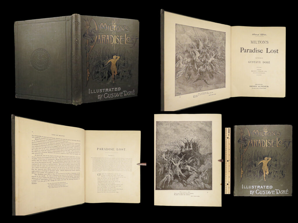 1890 john milton paradise lost gustave dore gallery illustrated folio literature | <em>“the mind is its own place, and in itself can make a heav’n of hell, a hell of heav’n. ” </em> – milton, ‘paradise lost’ <em> </em> “<em>when cassell saw the dore bible, they personally approached dore to do milton</em>” (malan<em>, gustav dore</em>).   dore established himself as a prolific 19<sup>th</sup>-century illustrated and artist and the demand for his work was escalating. Thus, this later undated edition is valuable and desirable much like many of the other titles dore illustrated. “gustave dore, it has always seemed to me, was a motion-picture art director born before his time. ” (harryhausen)   this american edition of milton’s ‘<em>paradise</em> <em>lost’</em> <strong>contains 50 full page illustrations by dore! </strong>   item number: #27574 price: $499