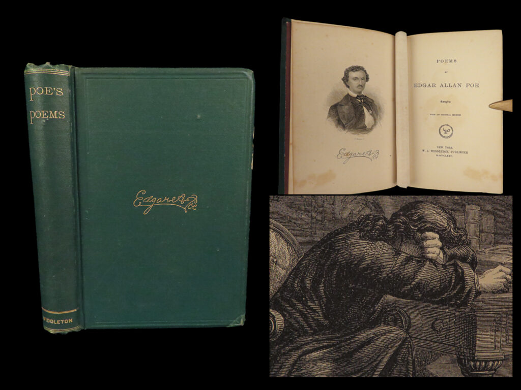 1875 edgar allan poe raven bells poetic principle occult horror poetry memoir | <em> </em> <em>“hear the sledges with the bells, silver bells, what a world of merriment their melody foretells! ”</em> – poe, <em>‘the bells’</em> <em> </em> edgar allan poe is widely regarded as a central figure of romanticism in the united states and american literature, and he was one of the country's earliest practitioners of the short story. Poe is generally considered the inventor of the detective fiction genre and is further credited with contributing to the emerging genre of science fiction. <em> </em> this widdleton edition features some of the most famous poe works, such as ‘<em>the raven</em>’ and ‘<em>the bells</em>’ among many others and contains an original memoir of poe's life and poe's long essay on "<em>the poetic principle</em>. "   item number: #28360 price: $499