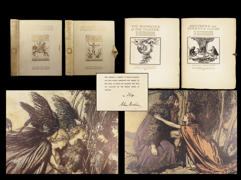 1910 signed arthur rackham art | wagner ring of niblung 2v 1st edition set | <em>“joy is not in things; it is in us” </em> <em>― </em>richard wagner <em> </em> richard wagner’s “<em>der ring des nibelungen</em>” (or “<em>the ring of the niblung</em>, wwv 86) was a landmark work in the history of music. It was a collection of four large-scale operas that created a ‘cycle’ of works which would in-turn be called the “<em>ring cycle</em>”. The story loosely follows characters of norse mythology and was a major influence in j. R. R. Tolkien’s masterpiece “<em>the lord of the rings</em>” trilogy. <em> </em> this fine printing was illustrated by the famous arthur rackham. And contains all four movements of the work – “<em>the rhinegold</em>” and “<em>the valkyrie</em>”, and “<em>siegfried” </em>and<em> “the twilight of the gods. </em>”   the color illustrations are classic rackham style and feature trolls, beasts, magic spells, and more in a very dark and sinister fantasy style.   this particular example is notable for being <strong><u>signed and numbered by rackham</u></strong> – an incredibly rare and valuable printing!   item number: #28402 price: $3500