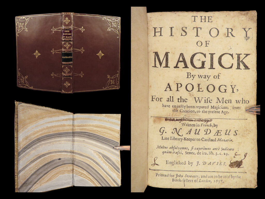 1657 magic 1st ed apologie by naude sorcery alchemy occult demons agrippa bacon | gabriel naude was a 17<sup>th</sup>-century french scholar who published works on library sciences. However, his most controversial work was his book ‘<em>apologie pour tous les grands personages faussement soupçonnez de magie’</em>. More commonly known as<strong> ‘<em>apology for great men suspected of magic’</em></strong>, this book was naude’s defense of great philosophers and theologians who were suspected of and condemned for practicing magic and astrology. He defended the work of figures such as pythagoras, socrates, merlin, thomas aquinas, and even king solomon.   in 1625, when ‘<em>apologie’</em> was first published, demonic magic and demonism were considered highly heretical. Naude was intending to teach the church how to read the works of these famed figures and how they should learn from them rather than assuming these church and philosophical cornerstones were practicing demonic magic. (horowitz)   this 1657 london edition was the first edition published in english – an incredibly rare and valuable printing!   item number: #28546 price: $3,950  