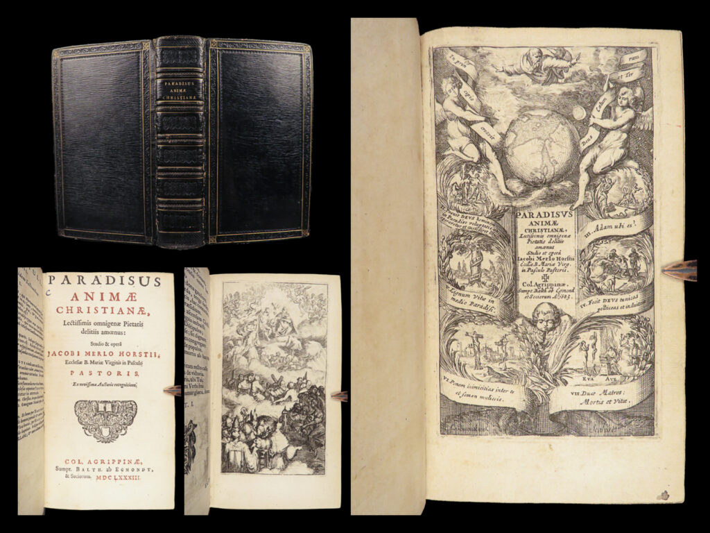 1683 paradisus animae by merlo horstius german asceticism illustrated prayers | jacob merlo horstius was a 17<sup>th</sup>-century cologne priest who was best known for his works on asceticism. One of his more notable works was ‘<em>paradisus animae christianae</em>’, a devotional work originally published in german in 1644.   this 1683 edition includes prayers, hymns and poems, scripture verses and references. <em> </em> item number: #28479 price: $499  