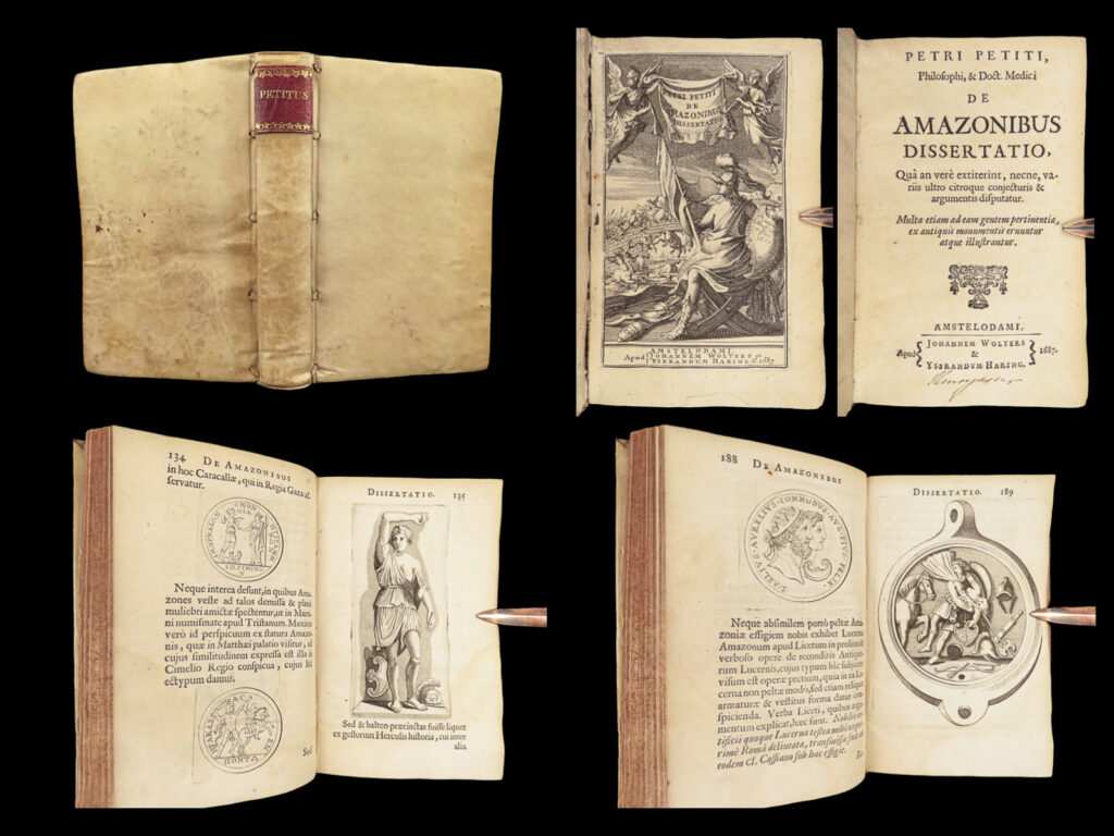 1687 de amazonibus by petit | existence of ancient amazons from greek mythology | pierre petit’s “<em>de amazonibus</em>” is a rare, 17<sup>th</sup>-century survey of ancient amazons! First published in 1685, this dissertation was written to prove the existence of amazons (legendary female greco-roman warriors) rather than just creatures rooted in mythology. Petit’s speculations come from his studies of ancient scythian women as well as large women from all over the ancient world.   this 1687 edition of “<em>amazonibus</em>” was published in amsterdam, beautifully bound in fine vellum. It is the engravings of coins, medals, and statues that help illustrate petit’s claims. An impressive, valuable work.   item number: #28494 price: $750