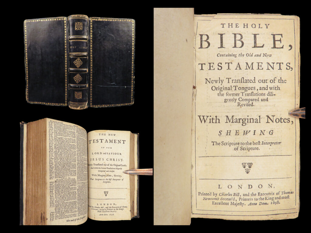 1698 exquisite english holy bible by charles bill kjv king james fine binding |   english bibles from the 17<sup>th</sup>-century have maintained their popularity and desirability throughout the centuries. Bibles such as this 1698 charles bill edition are still regularly read and collected today. This particular issue is considerably rare and desirable, as is the case with most 17<sup>th</sup>-century english bibles.   item number: #28543 price: $1500