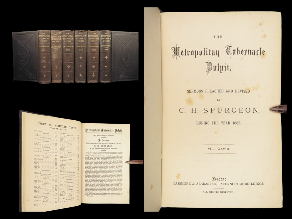 1882 metropolitan tabernacle pulpit by charles spurgeon | baptist puritan sermons 6v | <em> </em> the “<em>metropolitan tabernacle pulpit</em>” is a famous collection of sermons preached by the esteemed 19<sup>th</sup>-century pastor, charles haddon spurgeon. Initially published within weekly “penny pulpit” printings during 1854, spurgeon’s sermons quickly gained immense popularity, leading to his partnership with friends and publishers joseph passmore and james alabaster. This collaboration resulted in an annual compilation of his sermons, known as the “new park street pulpit” for the first six years of its publication. The series would then later evolve alongside the church’s growth into what was aptly titled, the “metropolitan tabernacle pulpit” producing another 57 volumes! In its entirety, the collection was enormous, containing a total of 3,561 sermons spanning 63 volumes!   item number: #27779 price: $950