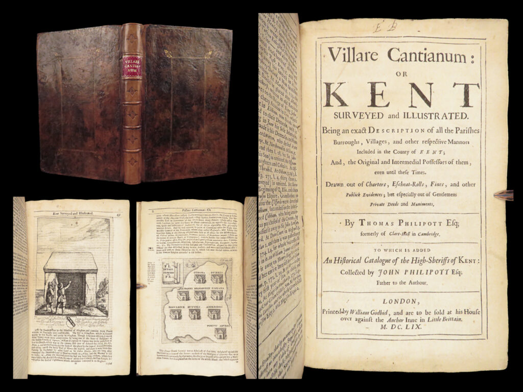 1659 history of kent england by philipot | 1st edition folio villare cantianum | an impressive 1659 folio edition of thomas philipot’s ‘<em>kent surveyed and illustrated’</em>. Also known as ‘<em>villare cantianum’</em>, this book is one of the best historical studies on kent, england and the surrounding villages, hundreds, and boroughs. Philipot also includes details on the influence of the roman empire and 1<sup>st</sup>-century invasion.   per lowndes, “a valuable performance, supposed to have been written by john philipot, and published by his son thomas. ”   item number: #28544 price: $950  