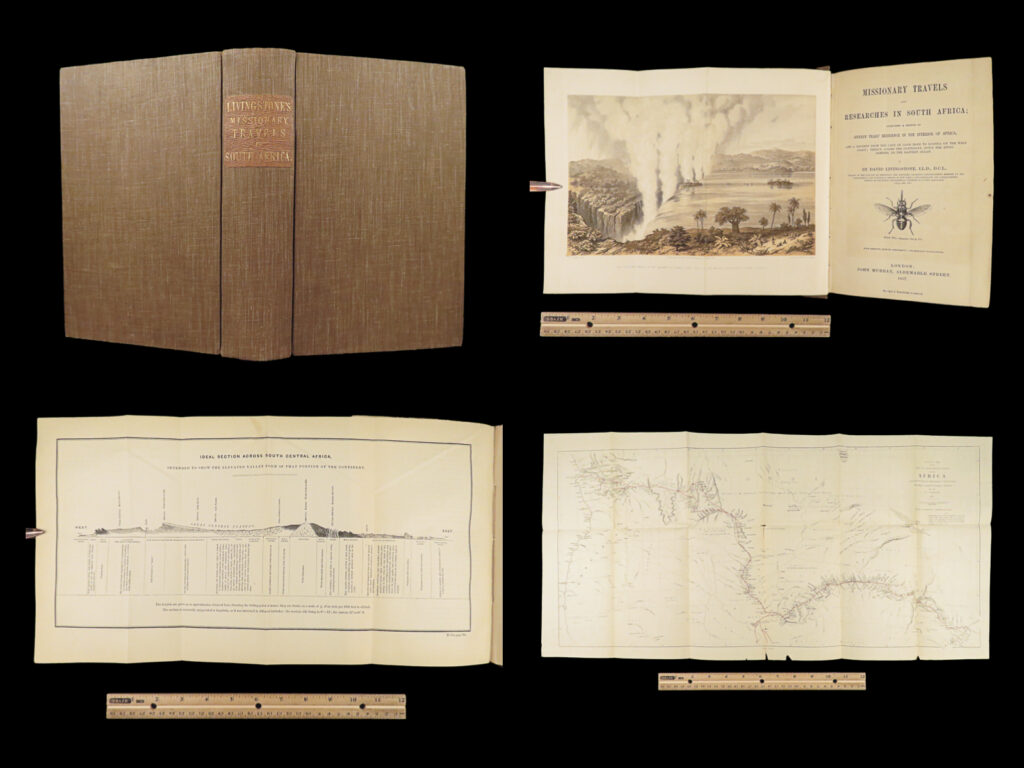 1857 missionary travels of david livingstone in africa 1st edition w/ map | <em>“if you have men who will only come if they know there is a good road, i don't want them. I want men who will come if there is no road at all. ” </em> ― david livingstone <em> </em> a rare 1857 edition of david livingstone’s “<em>missionary travels</em>”. In this book, livingstone describes his travel and work as a missionary to the indigenous people in central and south africa. Through the mid-19<sup>th</sup>-century, south africa was completely unknown to europeans, thus livingstone’s mission brought light to more than just spreading the gospel. The work deals with customs, languages, animal and plant biology, geology, topography, and mineralogy in africa.   according to pmm, “the geographical results of his journeys were of supreme importance and made it possible to fill in great stretches of the maps of central africa which hitherto had been blank. ” (<em>printing and mind of man</em> 341)   livingstone discovered the zambesi river and victoria falls, which he named. He also explored parts of angola and mozambique and met with and observed the hottentot. He was also able to discover some of the most devastating instances of slave trade which propelled his abolitionist ideals.   item number: #28441 price: $750