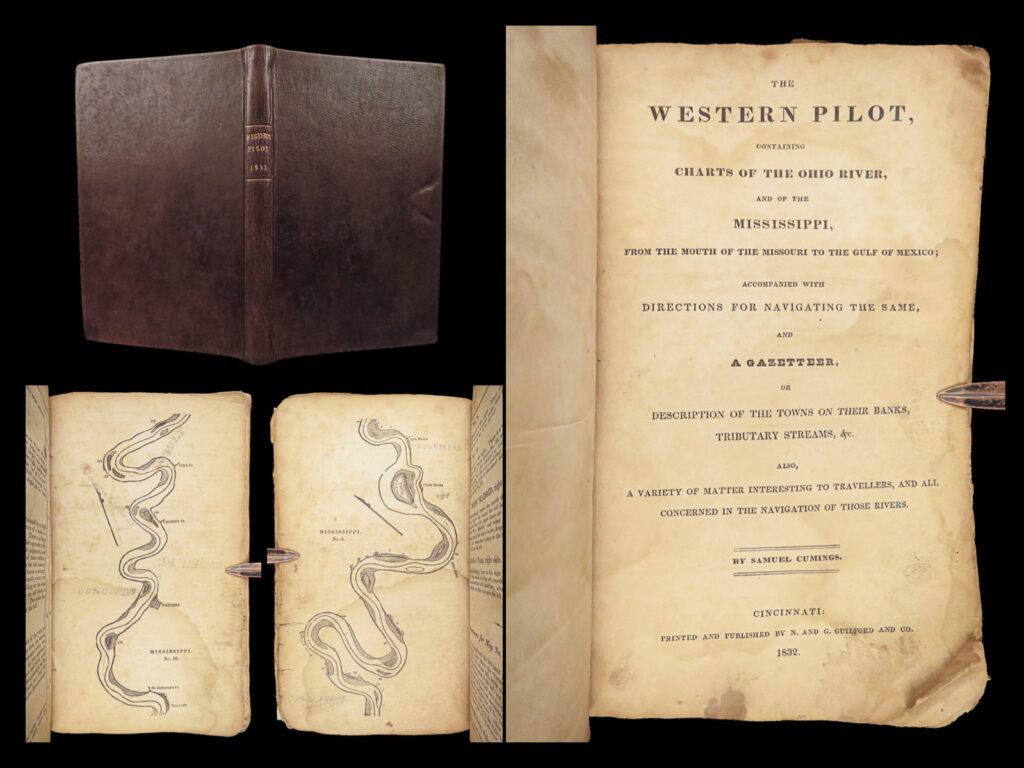 1832 the western pilot ohio river & mississippi river navigation voyages 43 maps |   <u>a mile-by-mile navigation aid for traveling the ohio and mississippi rivers. </u>   samuel cumings’ book “<em>the western pilot</em>” is an impressive and highly desirable 19<sup>th</sup>-century history of two of the largest rivers in america. Cumings describes both the ohio and mississippi rivers with the utmost detail, seemingly describing every bend and straight, each port and river city, islands, creeks and branches, smaller rivers, and so much more.   it is, however, the <strong><u>dozens of full-page maps of the rivers</u></strong> that makes this book so desirable. Both rivers are broken in sections that can be illustrated – showing cities and towns, important islands, and points of interest along the entire river.   item number: #27375 price: $950