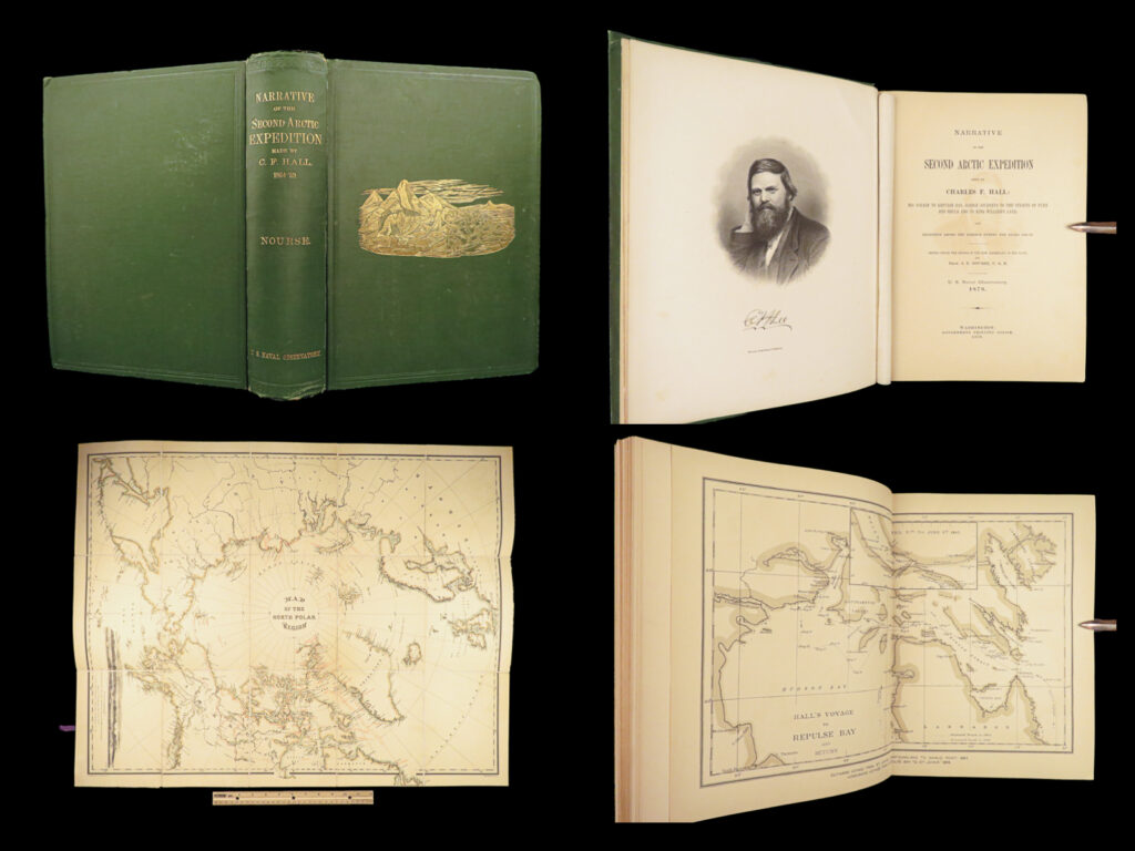 1879 1st second arctic expedition of hall by nourse | franklin voyage & huge map | “<em>narrative of the second arctic expedition made by charles f. Hall</em>” is a detailed and valuable account of his life among the eskimos in the arctic during his second expedition, when hall explored the northern coast from the melville peninsula to king william island, gathering information about john franklin’s men and relics of the expedition.   the book includes accounts of the sledge journeys to igloolik, along the east side of melville peninsula to fury and hecla strait, around and across repulse bay, two journeys to king william island, information on flora and fauna, and much more.   included are 96 fascinating engravings throughout, one of which is a massive folding map of the north pole region.   item number: #28554 price: $499