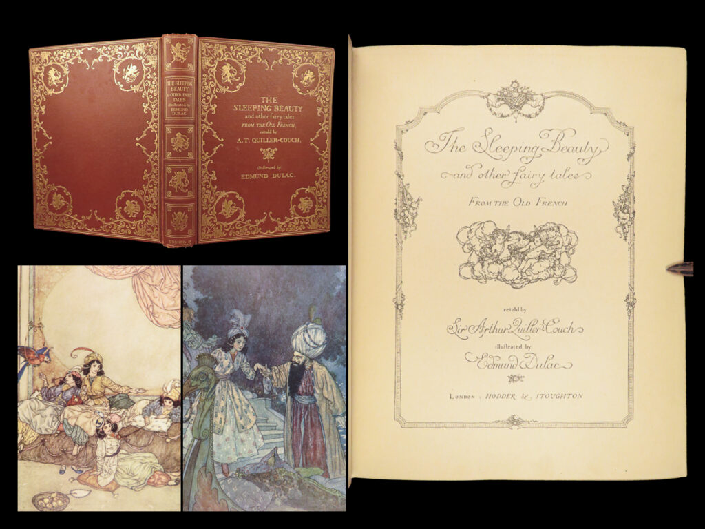 1910 exquisite sleeping beauty by quiller-couch w/ edmond dulac art fairy tales |   edmund dulac is perhaps the most famous early 20<sup>th</sup>-century book illustrator. His art is highly desirable both in and out of literature, and this book of fairy tales offers a representation of dulac’s best artwork. This example of fairy tales was beautifully illustrated by dulac, illustrating some of the most famous fairy tales of all time including: <ul> <li>sleeping beauty</li> <li>cinderella</li> <li>beauty and the beast</li> <li>blue beard</li> </ul> these famous stories were edited and ‘retold’ here by sir arthur quiller-couch.   item number: #28575 price: $750