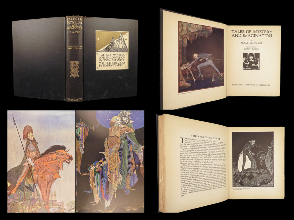 1923 tales of mystery by edgar allen poe | harry clarke illustrated | pit pendulum | <em>“but as, in ethics, evil is a consequence of good, so, in fact, out of joy is sorrow born. Either the memory of past bliss is the anguish of today, or the agonies which are have their origin in the ecstasies which might have been. ”</em> <em>― </em>edgar allan poe<em>, berenice</em> <em> </em> this incredible illustrated edition of the “<em>tales of mystery</em>” by edgar allan poe includes <u>32 bizarre images and paintings by harry clarke</u> depicting horror and demise! This book published many times during the 20<sup>th</sup>-century, features poe’s short horror stories, such as berenice – a story of incest, festering diseases, violence, and other disturbing esoteric themes! There are twenty-nine tales in total including<em> "the pit and the pendulum", "the murders in the rue morgue", "the fall of the house of usher", </em>and<em> "the descent into the maelstrom. " </em>   this rare undated brentano’s edition was limited to 2,500 copies. Very rare! <em> </em> item number: #27313 price: $499