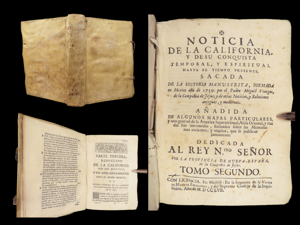 1757 miguel venegas on baja california | mexico cochimi noticia spanish jesuits |   miguel venegas was an early 18<sup>th</sup>-century jesuit from mexico who is primarily remembered for his landmark work on the history of california. “<em>noticia de la california</em>” was the standard 18<sup>th</sup>-century reference on baja california covering the geography, history, and descriptions of local tribes and indigenous peoples such as the cochimi. Howes refers to this work as “the first attempt at the history of california… mostly concerns itself with baja california. The second volume of the first edition focuses primarily on the first half of the 18<sup>th</sup>-century, from 1697-1752 (per howes). It also covers jesuit missions throughout mexico with emphasis on doctrine and missionary journeys.   item number: #26124 price: $950