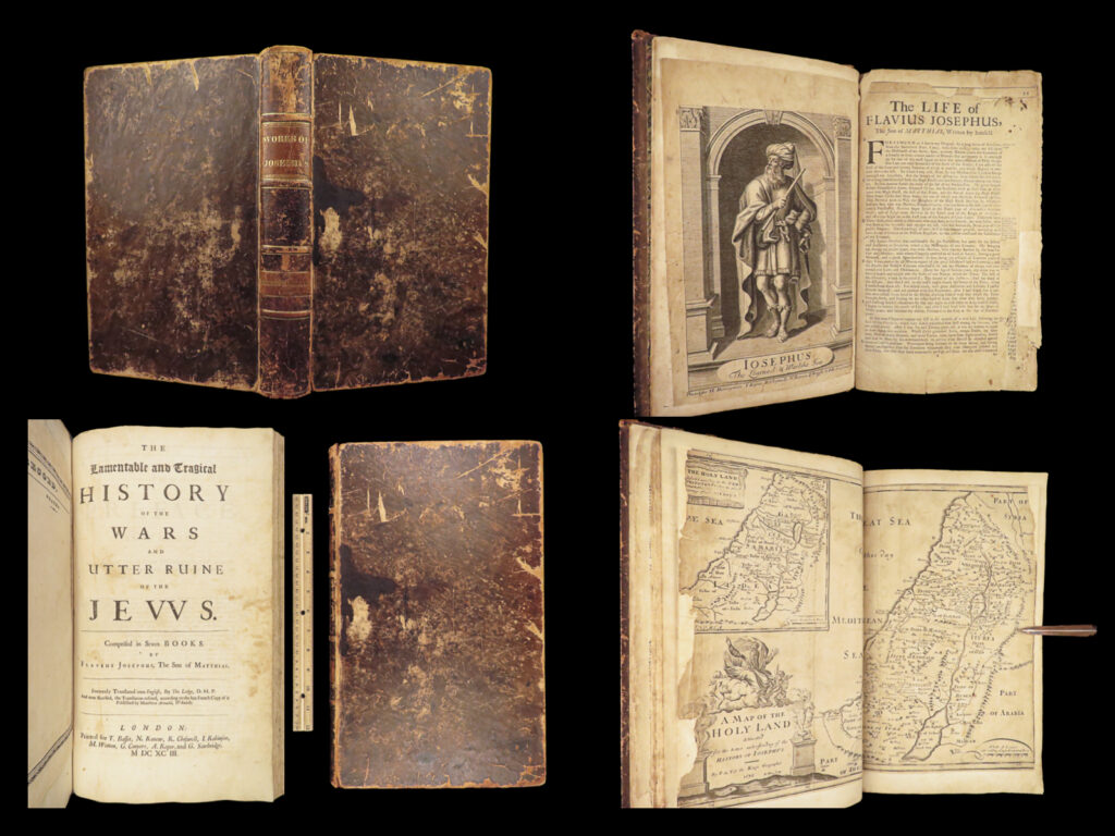 1693 english flavius josephus jewish war antiquities of jews judaica folio | <em>“and when the book of daniel was showed to alexander the great, wherein daniel declared that one of the greeks should destroy the empire of the persians, he supposed that himself was the person intended. ”</em> – josephus<em>, antiquity of the jews</em> <em> </em> flavius josephus’s most important and famous work was his historical account of the jewish people, ‘<em>antiquities of the jews</em>. ’ this work is one of the most referenced works regarding the history and origins of the jewish faith, providing history beyond what is found in the bible.   this 1693 enormous folio edition was published in london by basset who used the famed english translation of thomas lodge from d’andilly’s french.   item number: #28560 price: $750  