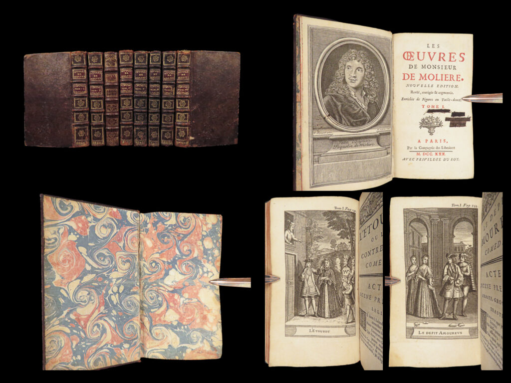 1730 works of moliere french literature misanthrope school for wives 8v set | <em>“it is not only what we do, but also what we do not do, for which we are accountable. ”</em> <em>― </em>molière   a fine eight-volume set of the works of moliere. This 1753 set was published in paris and includes works such as ‘tartuffe’, ‘school for wives’, and ‘the misanthrope’. This set is <strong>filled with 32 full-page engravings. </strong>   item number: #28551 price: $750