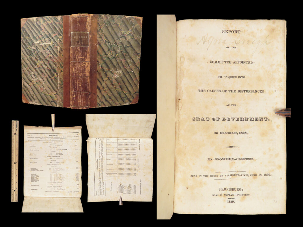 1839 pennsylvania government correspondence charles penrose buckshot war riots | a rare bound volume uniting four mid-19th-century political and religious pamphlets, each printed during or shortly after pennsylvania’s volatile 1838–1839 legislative session. A collection of government correspondences and addresses concerning the counties and citizens of pennsylvania in 1838. Collected by james snowden, this work is notable for containing numerous addresses by charles b penrose, member of the whig party in the pennsylvania senate.   <strong>notably, this book contains descriptions of the buckshot war riots. </strong>   item number: #28591 price: $499