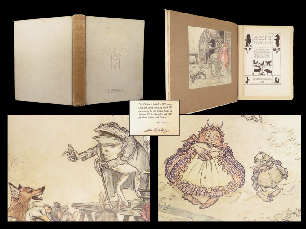 Aesop’s fables – aesop – 1912 | signed rackham limited first | signed 1912 limited edition of aesop’s fables with 13 tipped-in color plates by arthur rackham in original white cloth gilt binding.