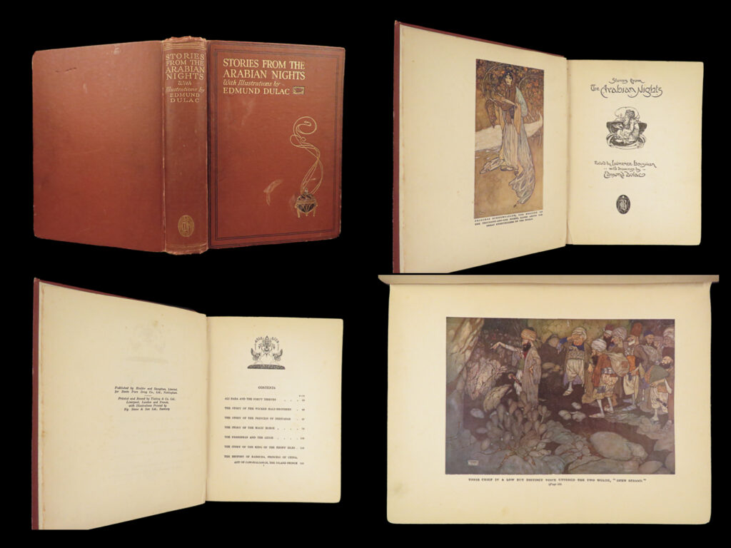 Stories from the arabian nights – housman – ca. 1930 | dulac illustrations | this 1930s hodder edition of arabian nights, retold by housman with illustrations by dulac, features well-known tales and decorative publishing typical of the golden age of illustration.